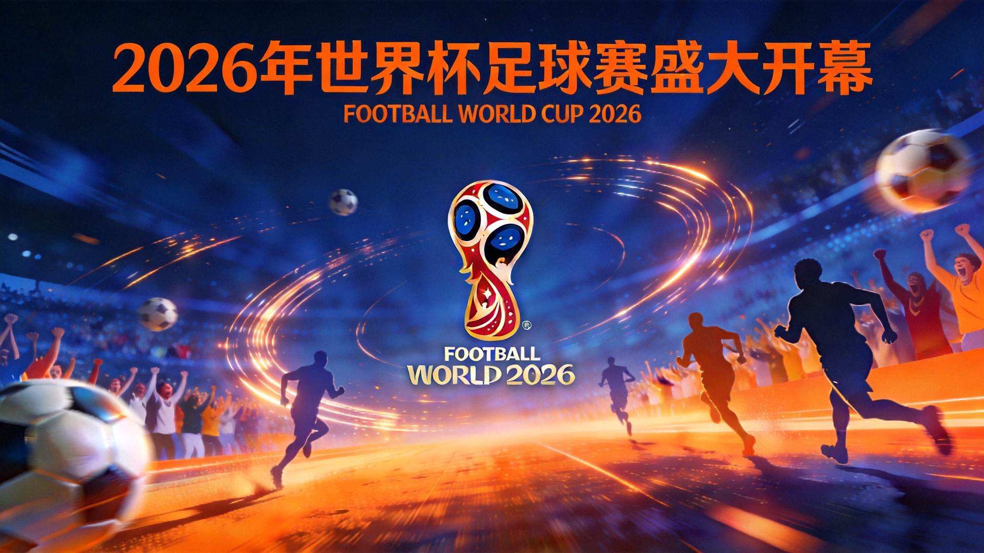2026年世界杯足球赛盛大开幕背景图，深蓝色基调搭配橙色光影，展现足球竞技激情